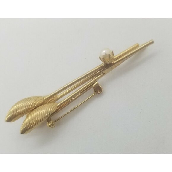 Cattails Brooch Gold Tone Faux Pearl Wheat Sheaf Pin Autumn Fall Costume Jewelry - Picture 3 of 4